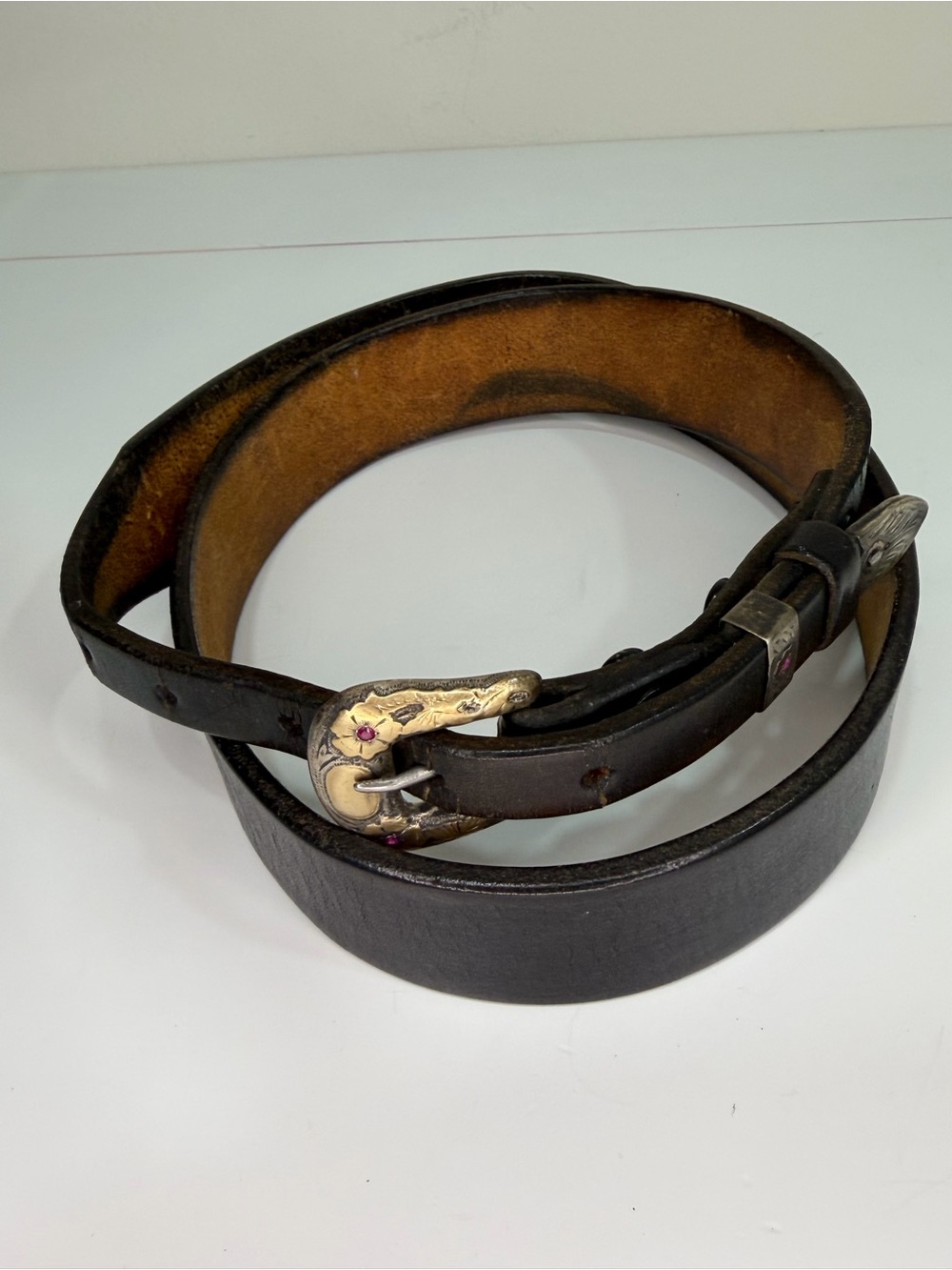 Vintage Black Leather Western Ranger Belt Floral Pink Rhinestone Buckle